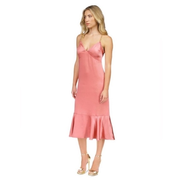 MICHAEL Michael Kors | Dusty Rose Chain-Strap Ruffle Satin Slip Midi Dress Large - Picture 1 of 8